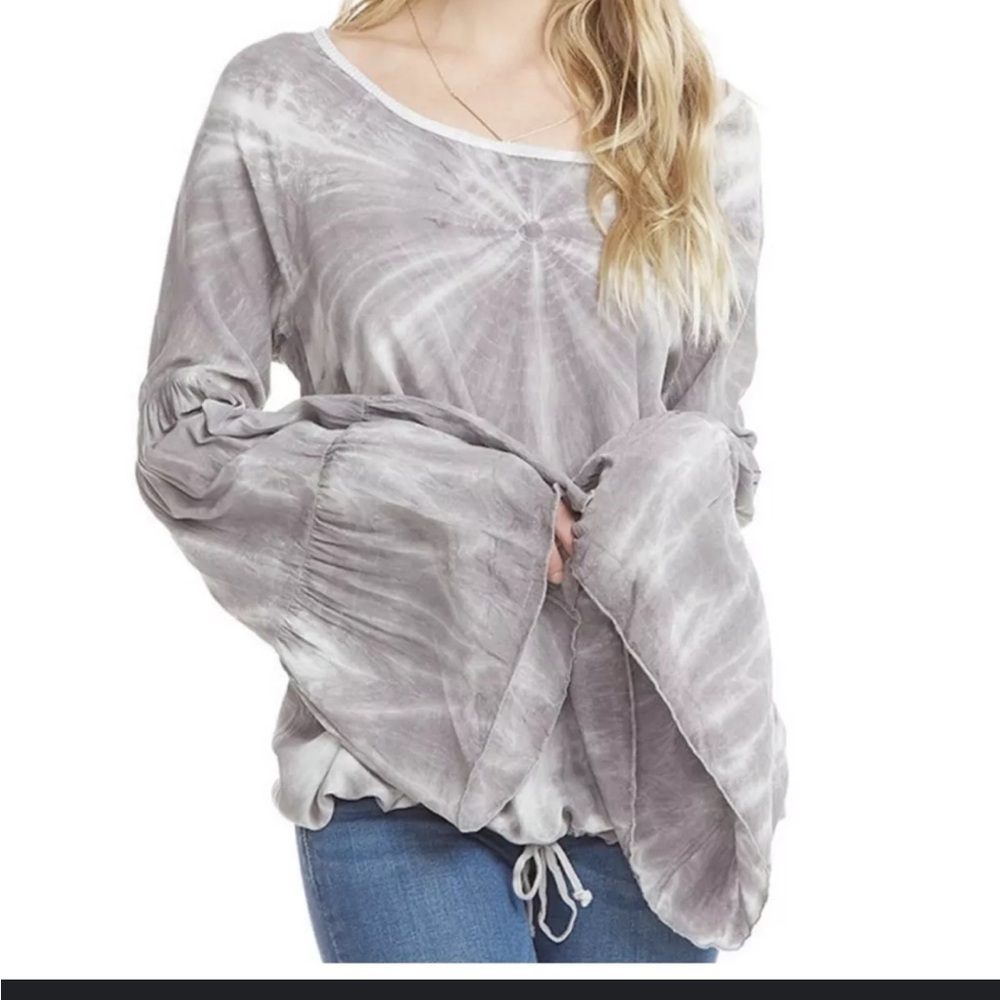 Chaser Gray Tie Dye Crepe De Chine Silk Boho Peasant Top M